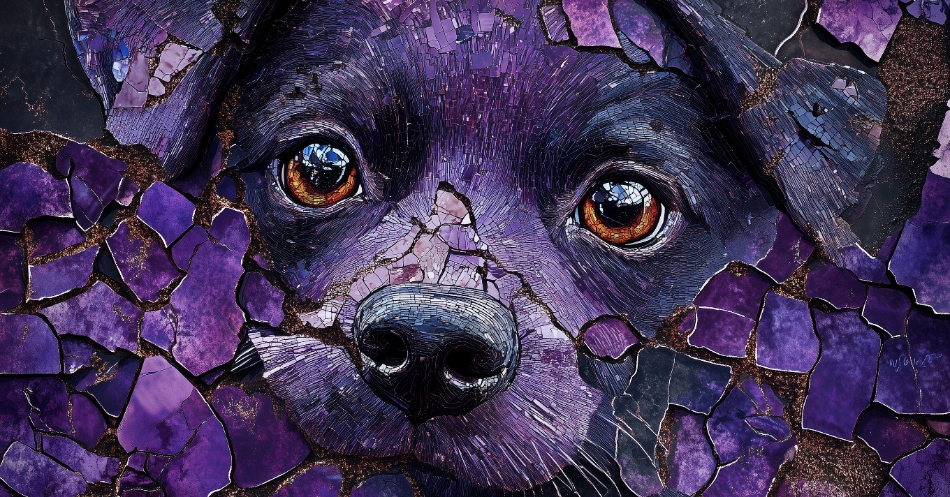 Illustration of a crumbling mosaic depicting a puppy's face